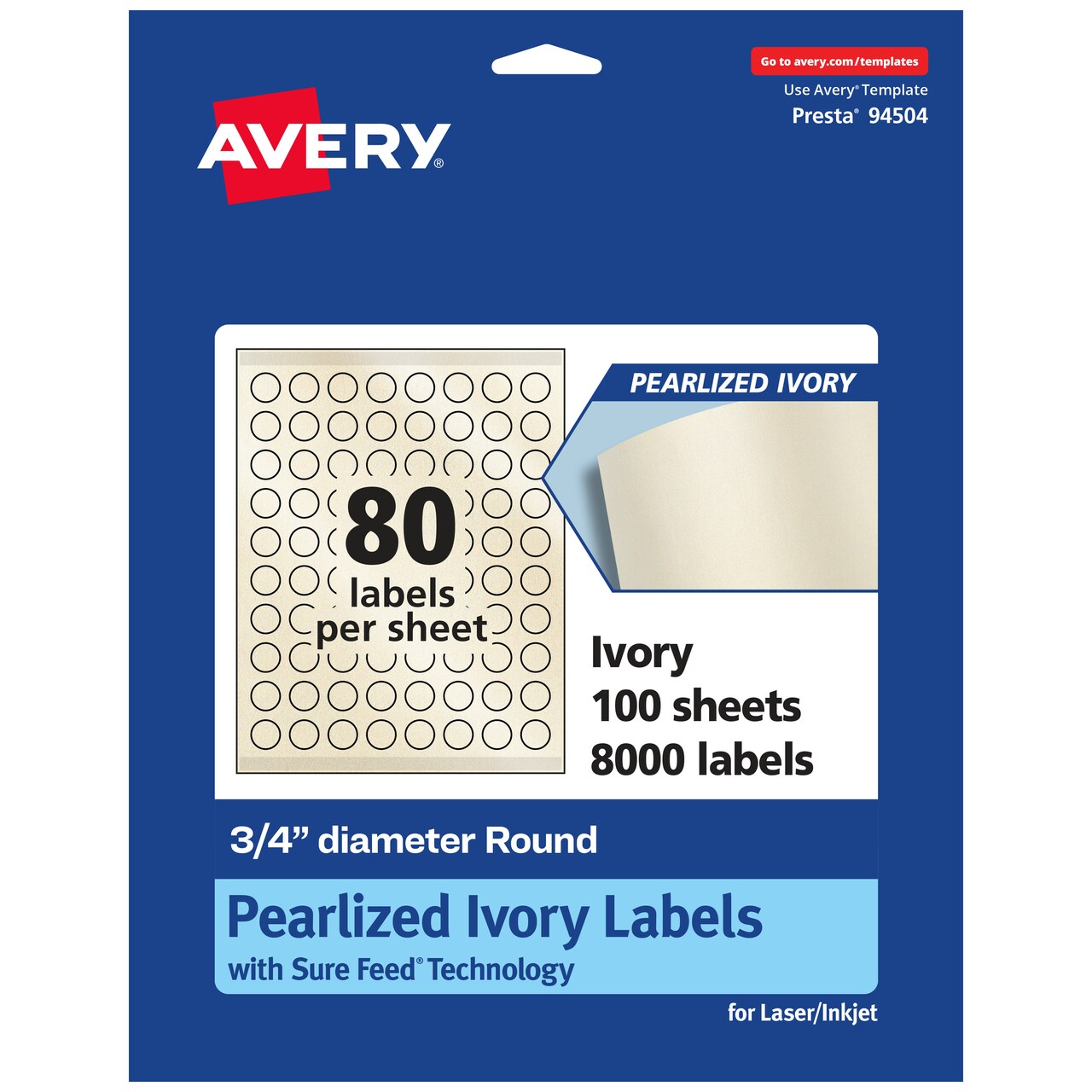 Avery Pearlized Ivory Round Labels with Sure Feed Technology, Print-to-the-Edge, .75" diameter